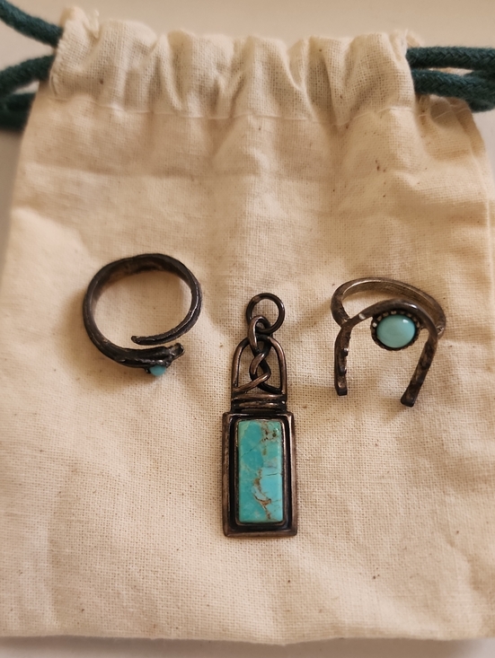 Source Unknown Jewelry - Vintage Turquoise Stone Pendant & 2 Ring Jewelry Set Silver Tone